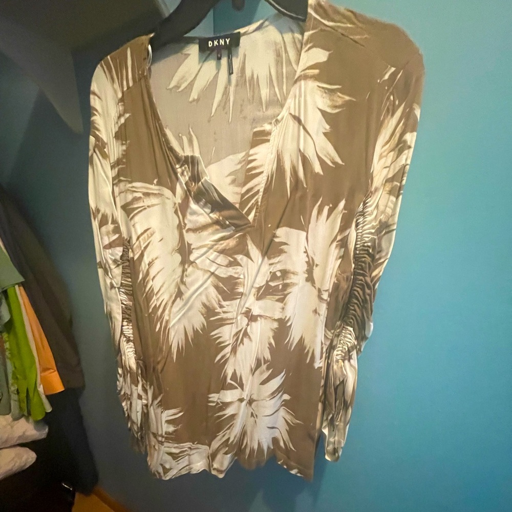 DKNY tropical print olive green top, size XL